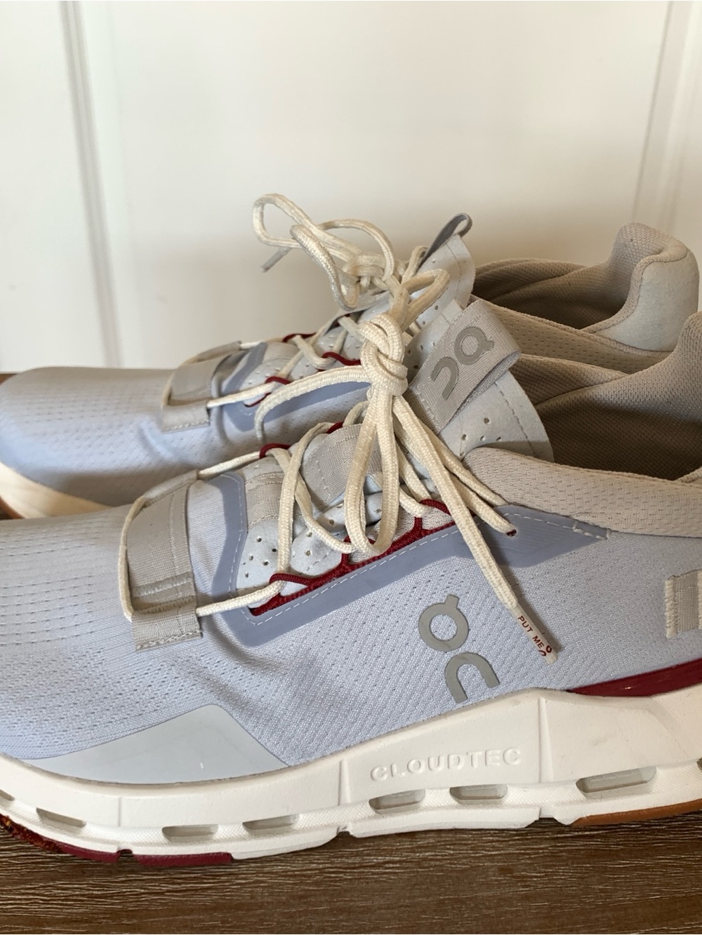 On Running Women's Cloud Athletic Shoes in Light Gray with Red Trim